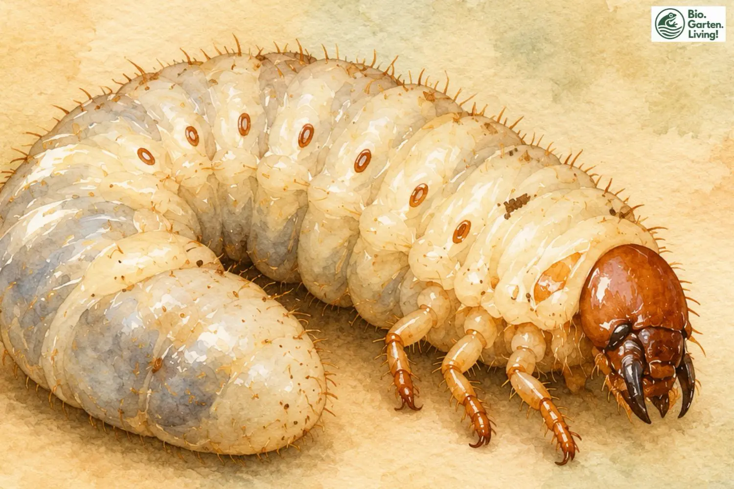 C-förmig gekrümmter Engerling mit hellem Körper und braunem Kopf auf einer hellen Aquarellfarbfläche.