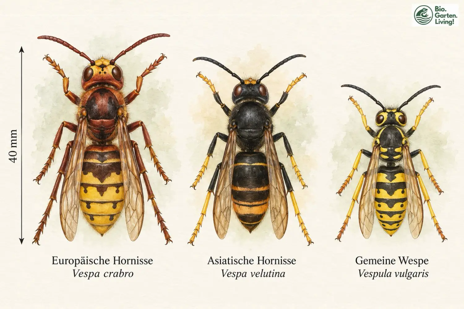 Illustration zum Vergleich von Europäischer Hornisse, Asiatischer Hornisse und Gemeiner Wespe mit Maßangabe 40 Millimeter