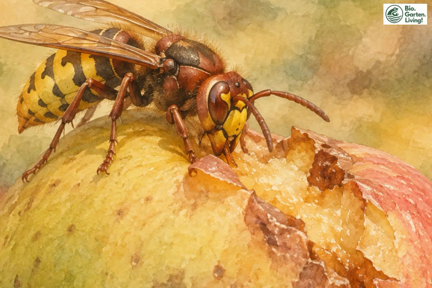 Aquarell einer Europäischen Hornisse, die an einem aufgebrochenen Fallapfel frisst