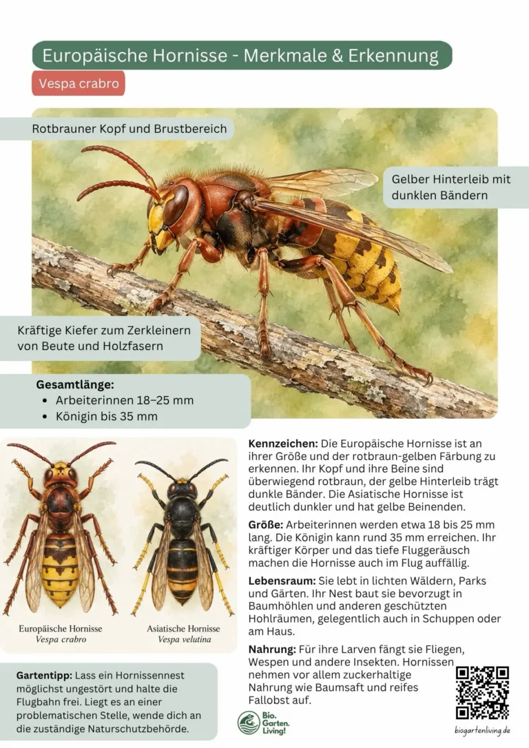 Steckbrief der Europäischen Hornisse mit Aquarellillustration, Merkmalen, Größenangaben und Vergleich zur Asiatischen Hornisse.