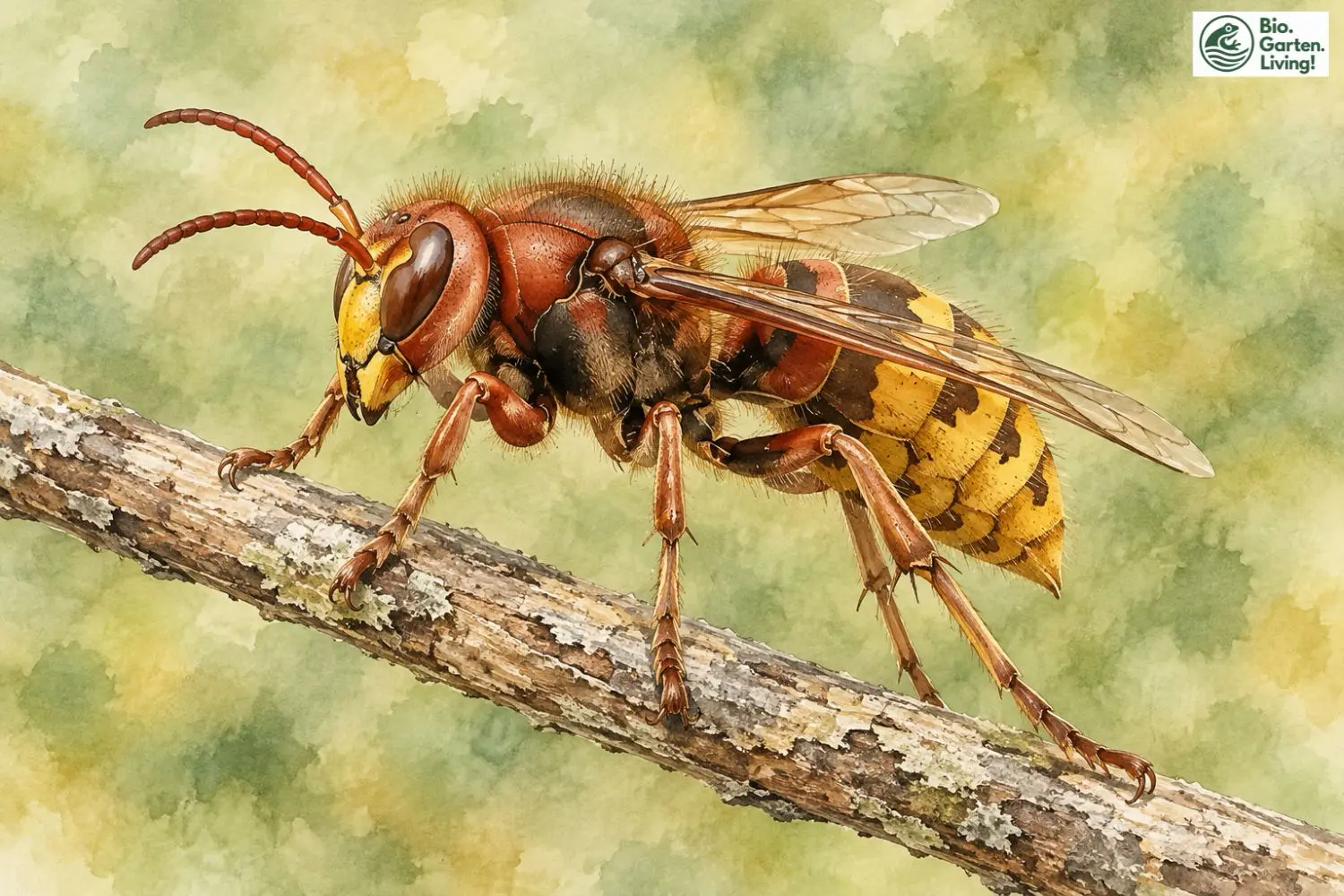 Aquarell einer Europäischen Hornisse mit rotbraunem Kopf und gelb-schwarz gezeichnetem Hinterleib auf einem Zweig