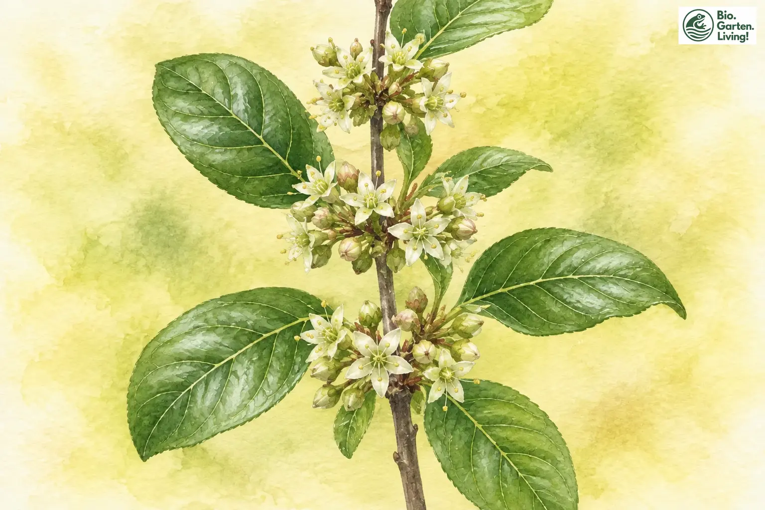 Aquarell des Faulbaums mit kleinen grünlich weißen Blüten und ovalen Blättern