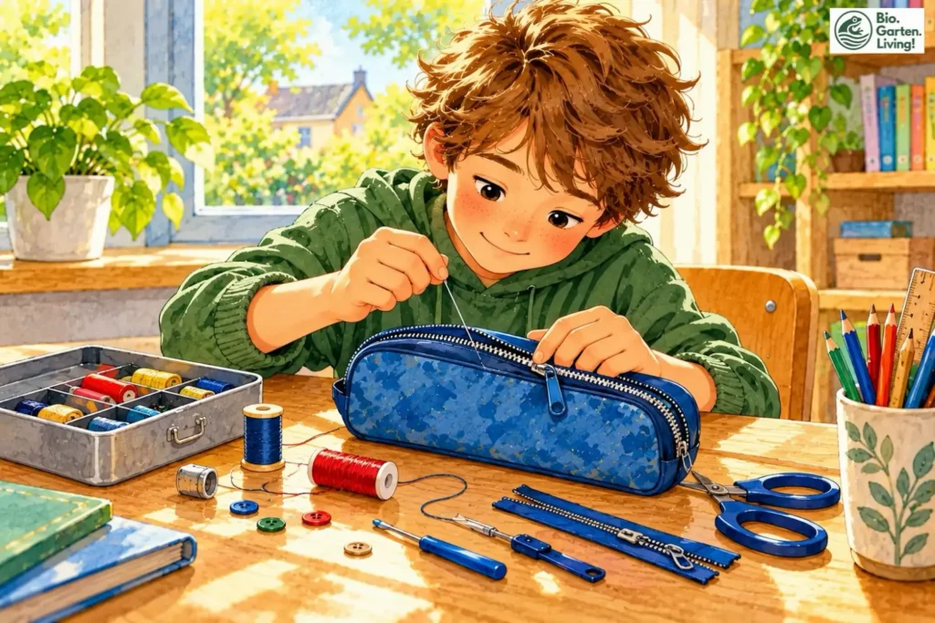 Ein Kind näht das aufgetrennte Mäppchen wieder zu. Daneben liegen Nähzeug und Reparaturmaterial. (Illustration)