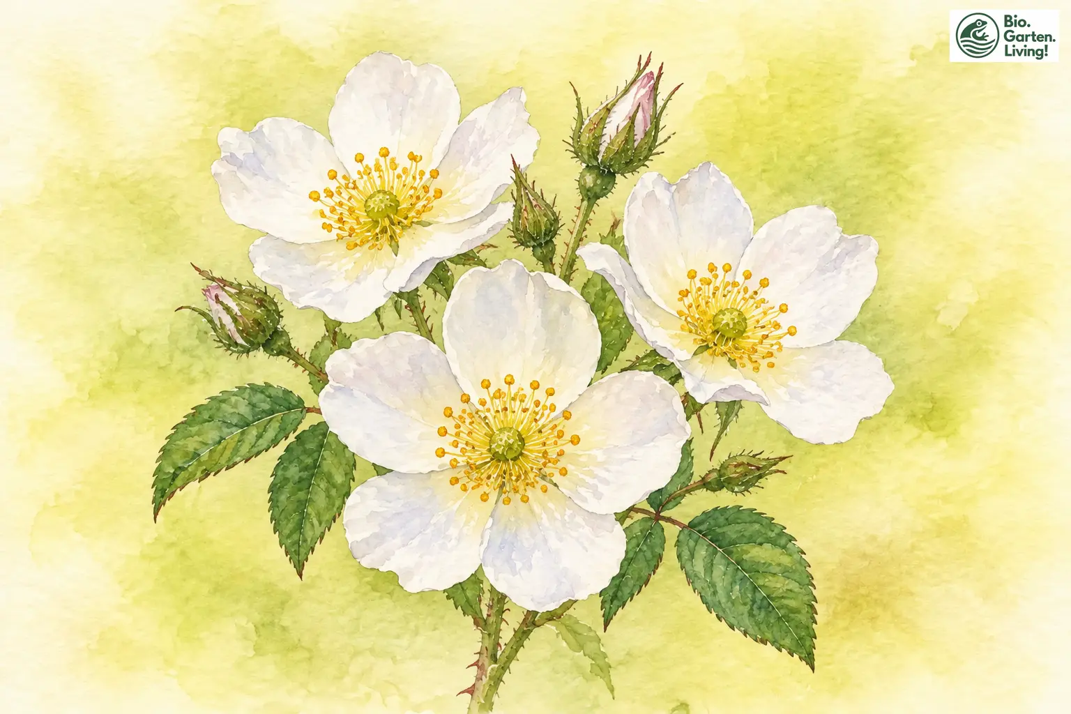Aquarell der Feldrose mit einfachen weißen Blüten und gelben Staubgefäßen