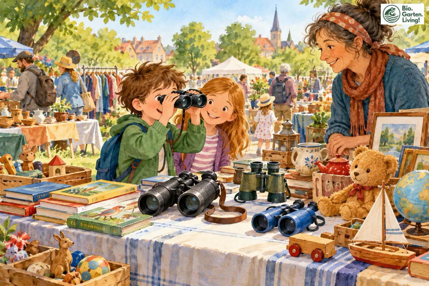 Kinder betrachten gebrauchte Ferngläser auf einem Flohmarkt.