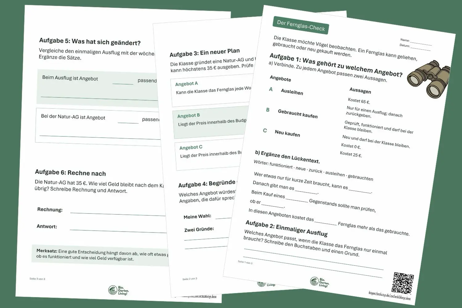 Vorschau auf das dreiseitige Arbeitsblatt Der Fernglas-Check mit Aufgaben zum Leihen, Gebrauchtkaufen und Neukaufen.