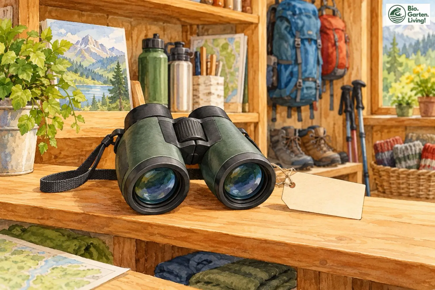 Neues Fernglas mit Preisschild in einem Geschäft.