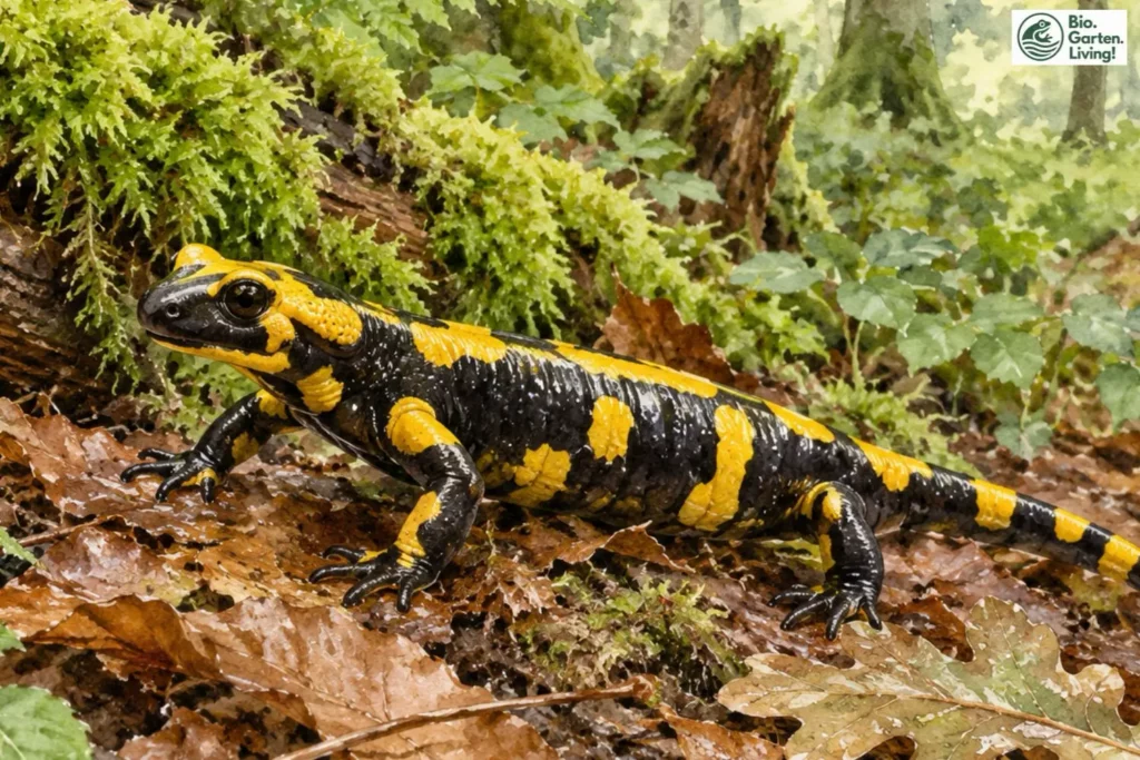 Feuersalamander läuft zwischen feuchtem Laub und moosigem Totholz im Laubwald.