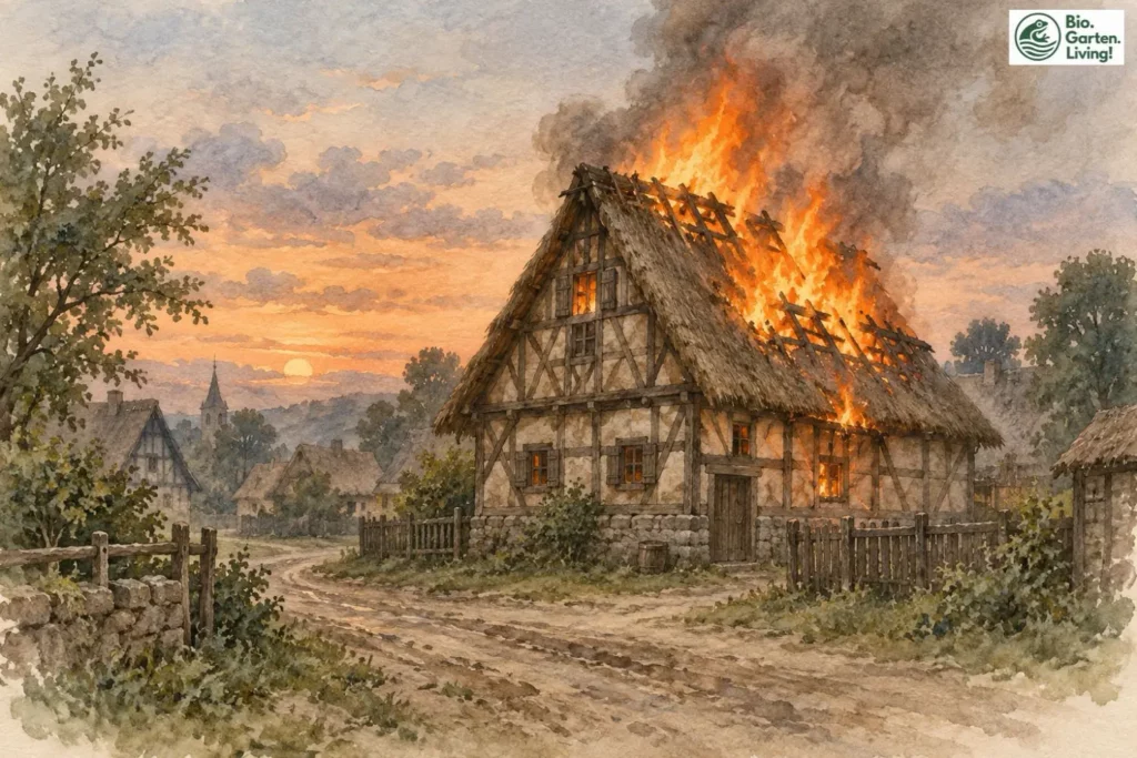 Aquarell eines brennenden mittelalterlichen Fachwerkhauses als Illustration zum alten Feuersalamander-Mythos.