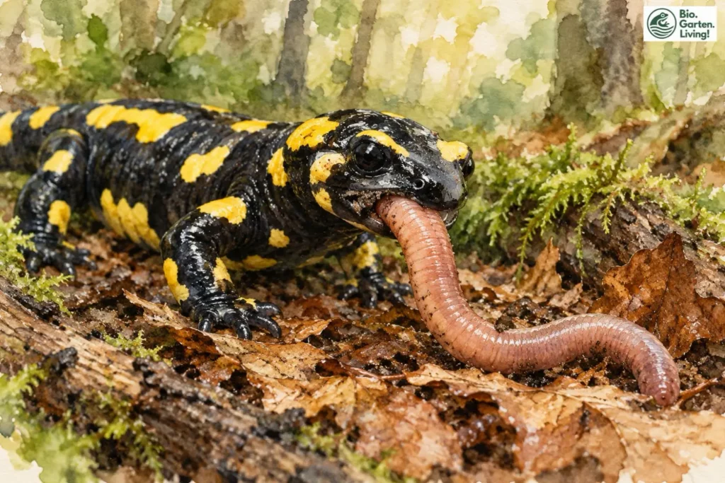 Feuersalamander frisst einen Regenwurm auf dem feuchten Waldboden.