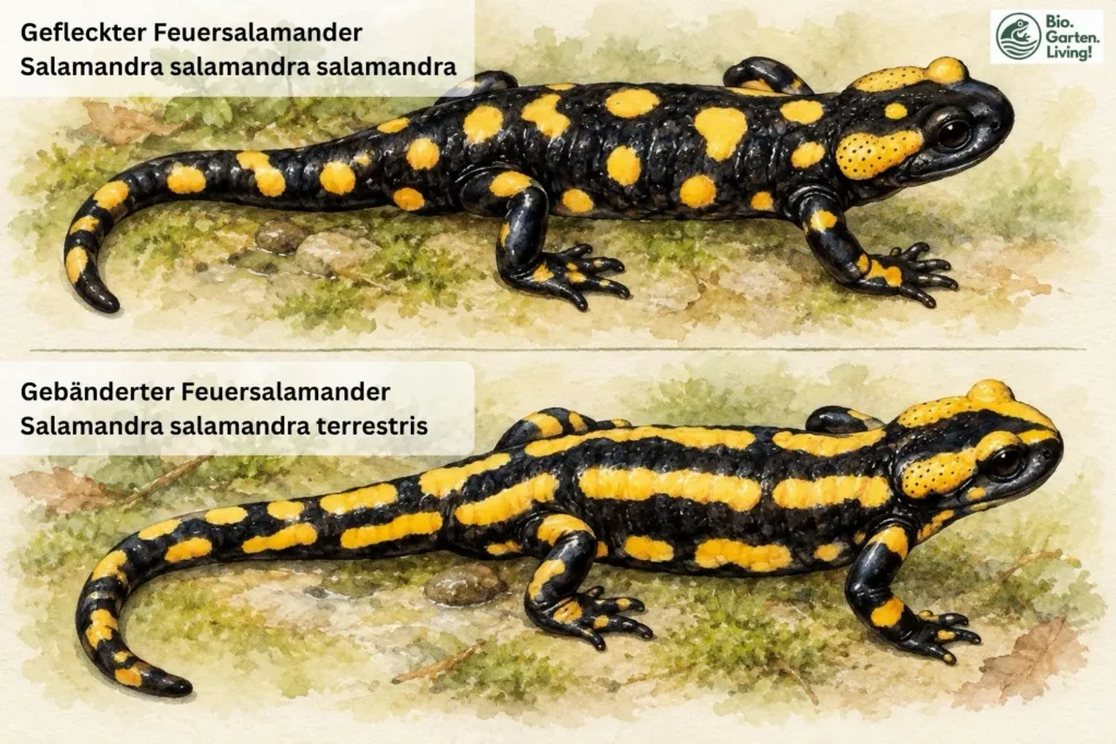 Zwei Feuersalamander im Aquarell: oben mit gelben Flecken, unten mit gelben Längsbändern.