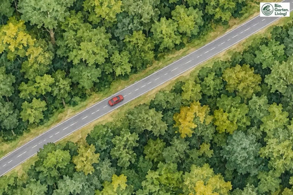 Landstraße mit einem Auto zerschneidet einen Laubwald, Lebensraum des Feuersalamanders, aus der Vogelperspektive.