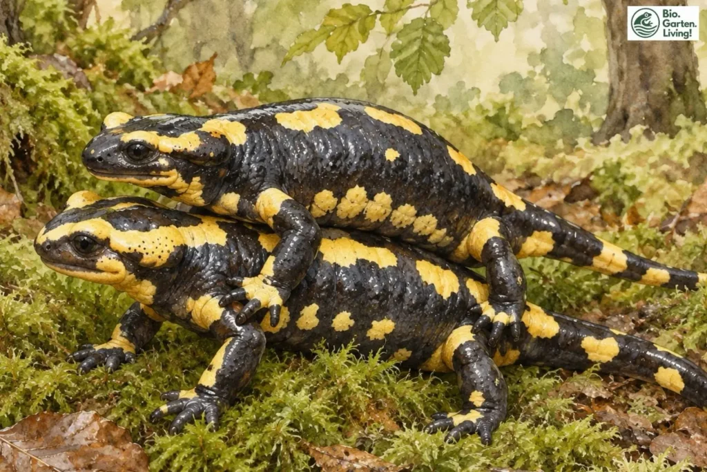 Zwei Feuersalamander bei der Paarung auf moosigem Waldboden; das Männchen befindet sich unter dem Weibchen.