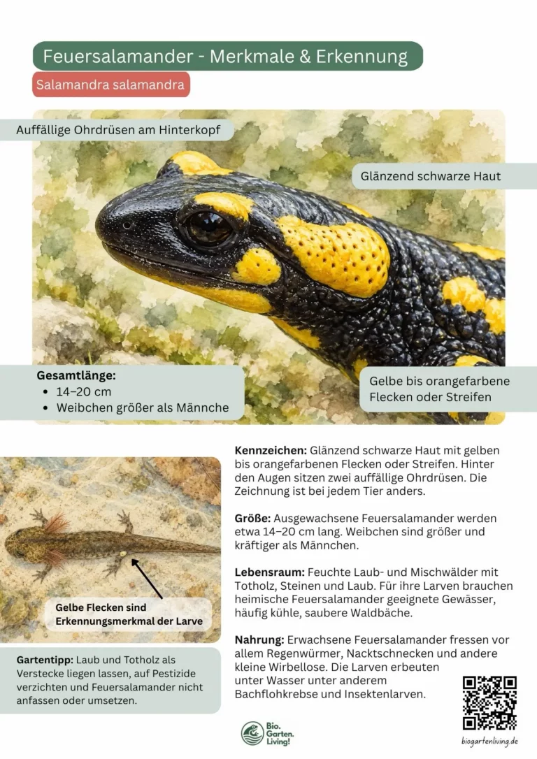 Aquarell-Steckbrief eines Feuersalamanders mit gelben Flecken am Hinterkopf und gut sichtbaren Ohrdrüsen.