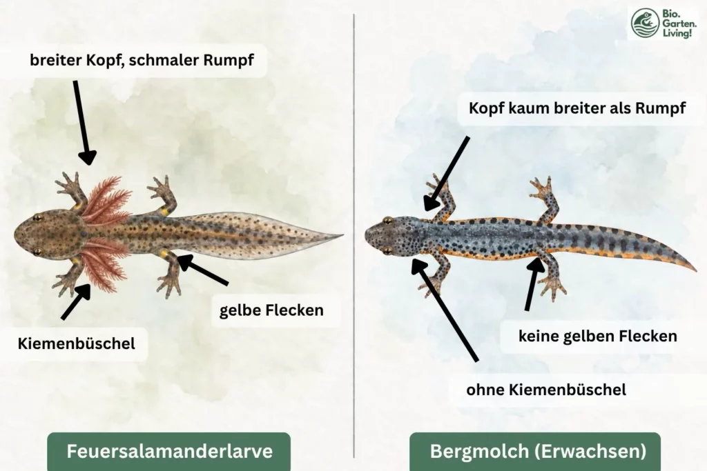 Aquarellvergleich einer Feuersalamanderlarve mit einem erwachsenen Bergmolch; die Larve hat Kiemenbüschel und helle Flecken an den Beinansätzen.