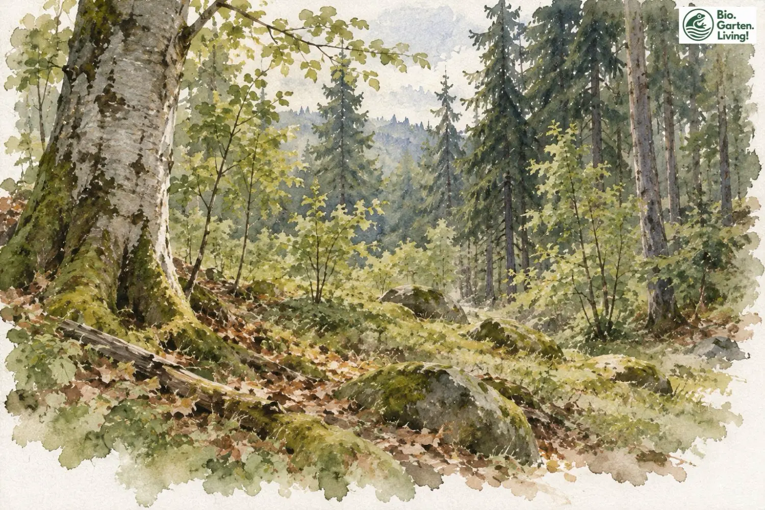 Aquarell: Mischwald mit Laub- und Nadelbäumen, Felsen und Totholz.