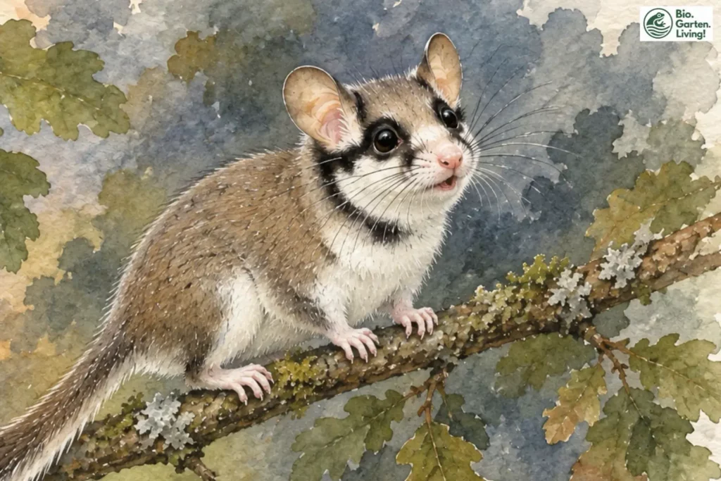 Aquarell: Rufender Gartenschläfer sitzt mit leicht geöffnetem Maul auf einem Ast.