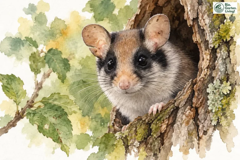 Gartenschläfer: 10 überraschende Fakten über den kleinen Zorro Aquarell: Gartenschläfer mit schwarzer Augenmaske schaut aus einer Baumhöhle.