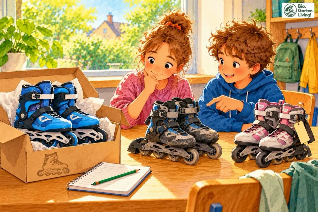 Zwei Kinder vergleichen gebrauchte Inlineskates. (Illustration)