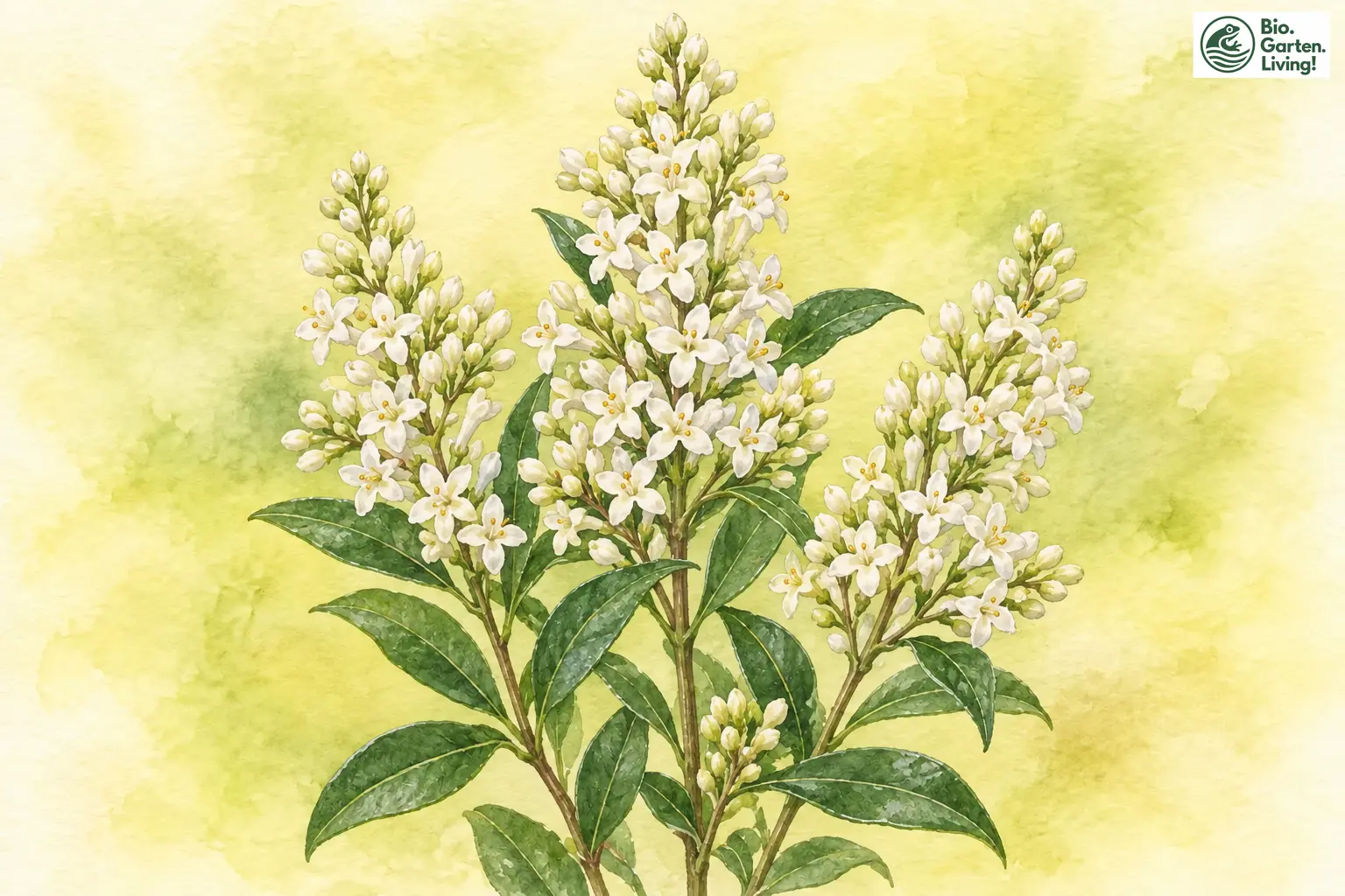 Aquarell des Gemeinen Ligusters mit weißen Blütenrispen und schmalen Blättern
