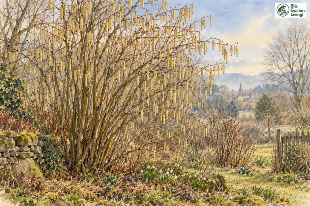 Gewöhnliche Hasel mit langen Kätzchen im Vorfrühling als Aquarell