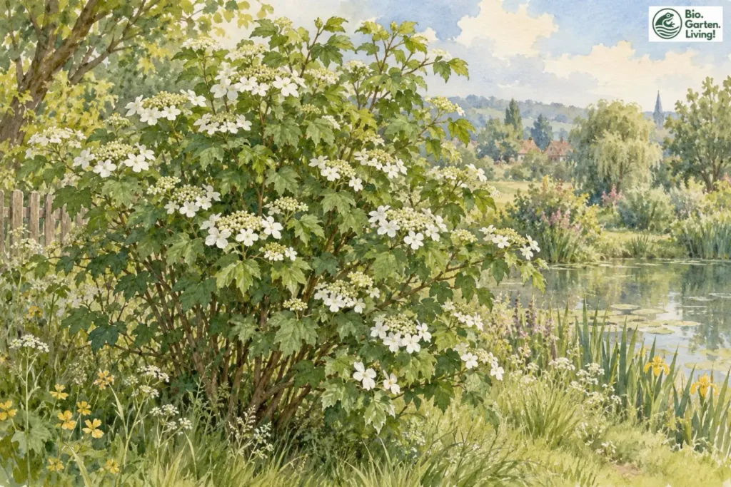 Gewöhnlicher Schneeball mit weißen Blütendolden am Gartenteich als Aquarell