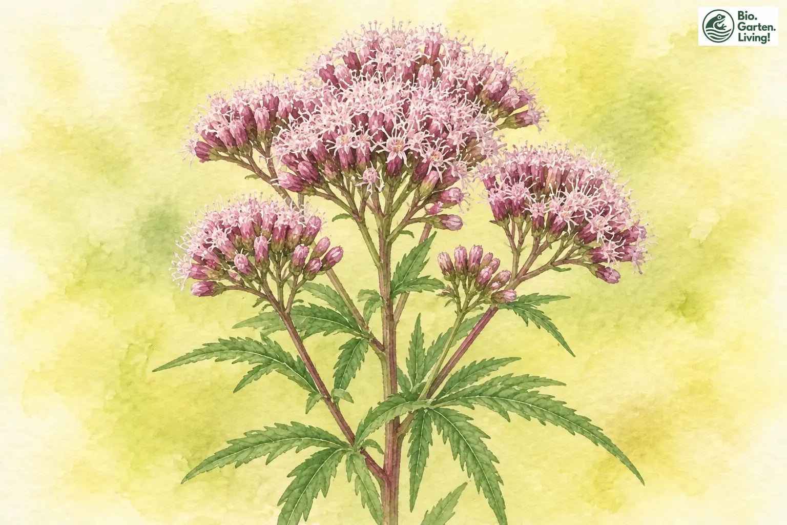 Aquarell des Gewöhnlichen Wasserdosts mit rosa Blütendolden und geteilten Blättern
