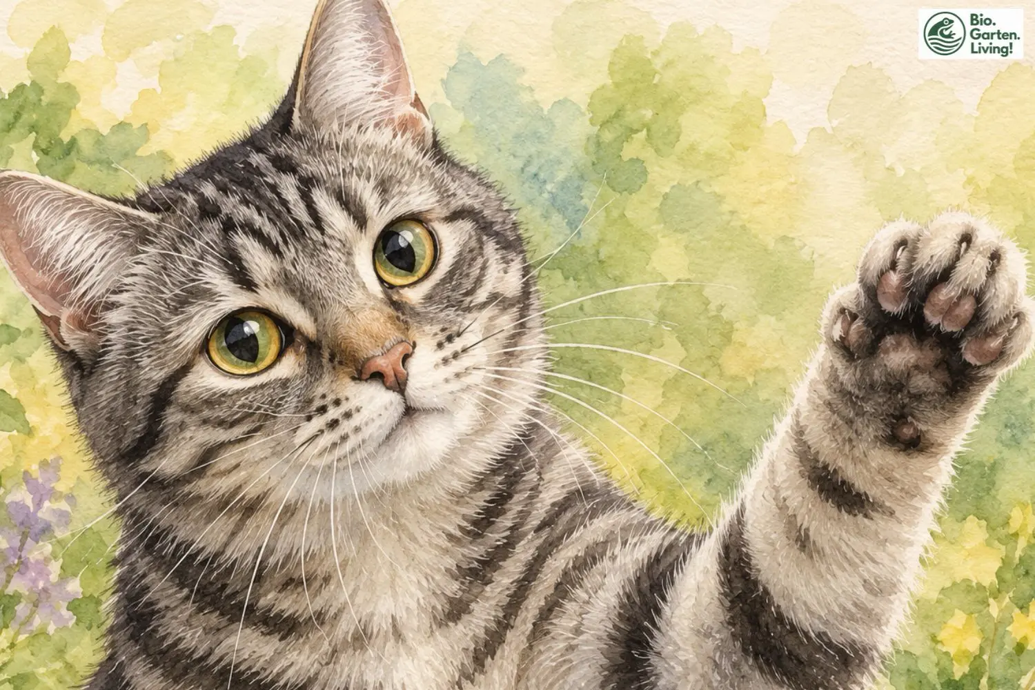 Grau-schwarze Katze mit erhobener Pfote vor hellem Aquarellhintergrund.
