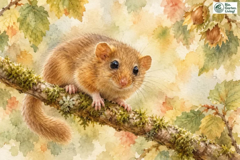 Haselmaus: Keine Maus und selten zu sehen – 10 erstaunliche Fakten Goldbraune Haselmaus mit buschigem Schwanz auf einem moosigen Ast