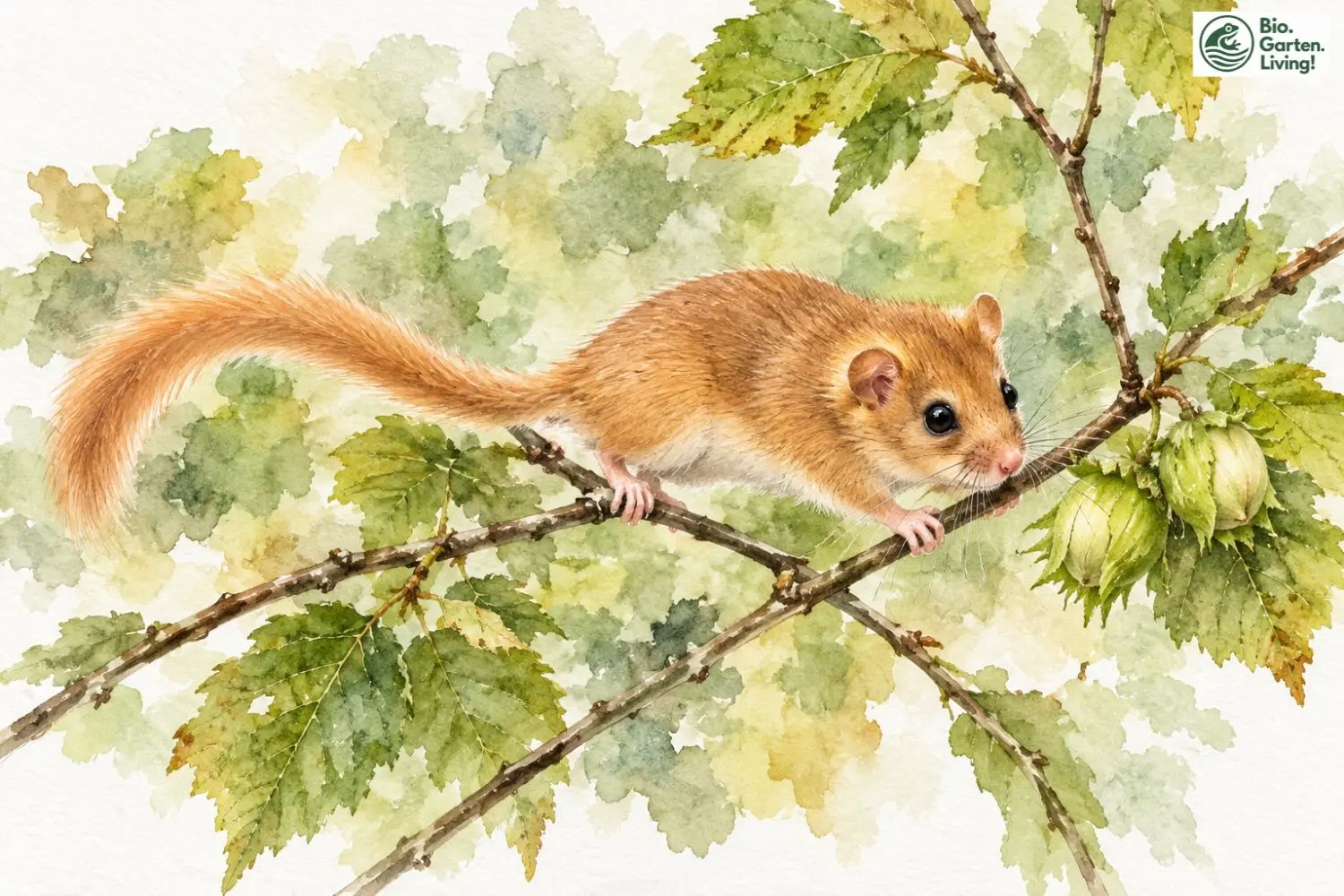 Aquarell: Goldbraune Haselmaus klettert auf einem Haselzweig.