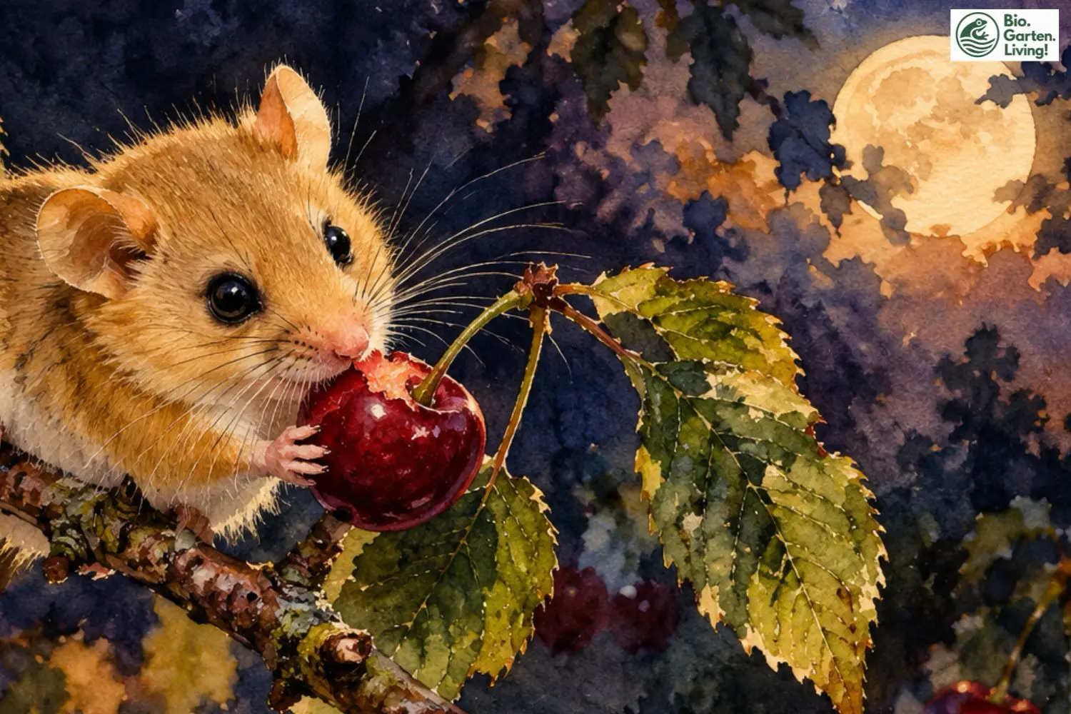 Haselmaus frisst nachts eine rote Kirsche auf einem Baumast