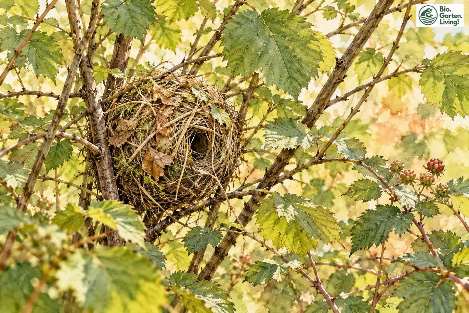 Kugeliges Haselmausnest aus Gräsern und Blättern zwischen Zweigen einer Hecke