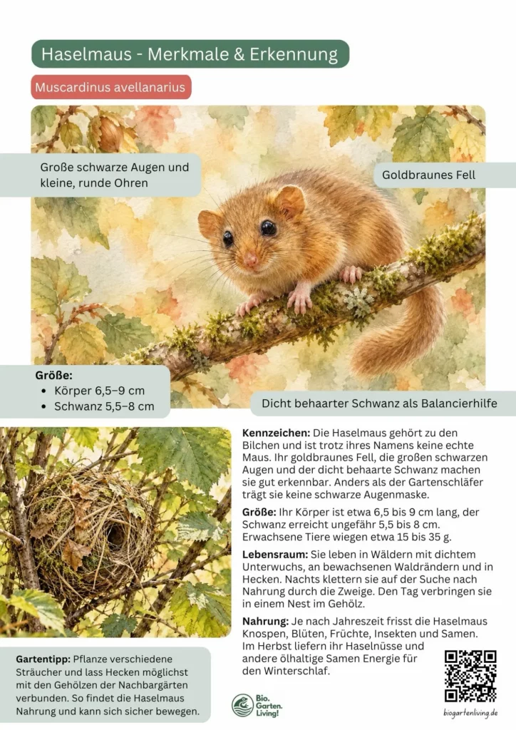 Illustrierter Haselmaus-Steckbrief mit goldbraunem Fell, behaartem Schwanz, Größenangaben sowie Informationen zu Lebensraum und Nahrung.