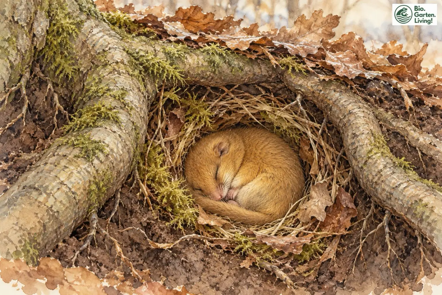 Zusammengerollte Haselmaus schläft in einem Nest zwischen Baumwurzeln