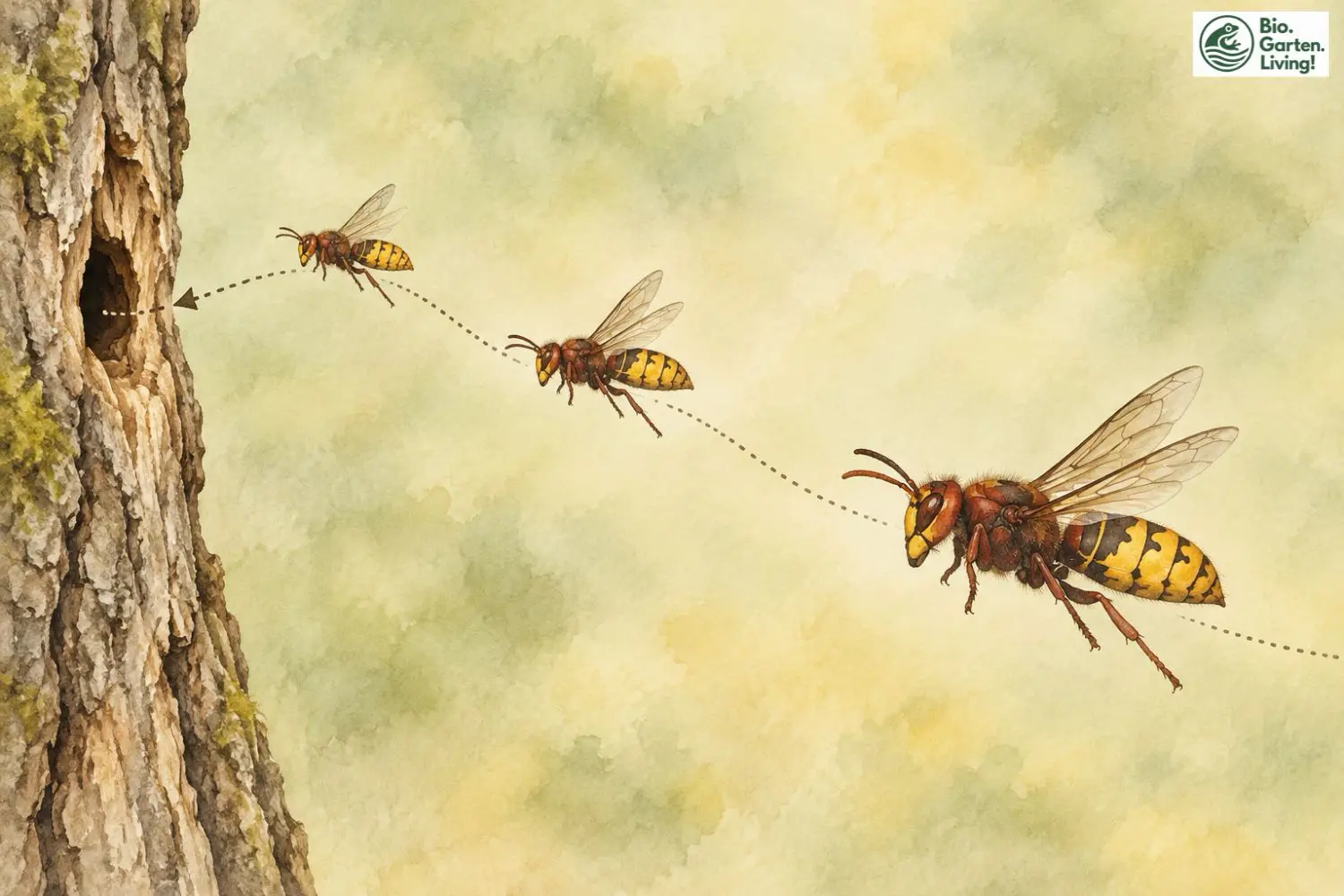 Aquarell von drei Europäischen Hornissen auf dem Anflug zu einer Baumhöhle mit eingezeichneter Flugbahn