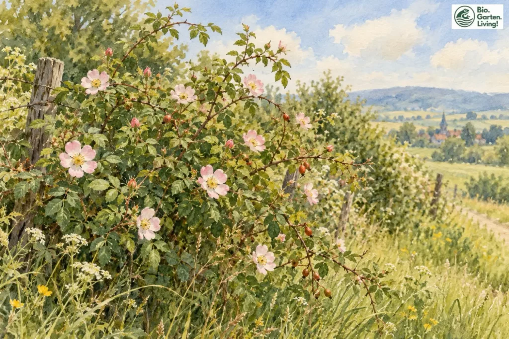 Blühende Hunds-Rose mit rosafarbenen Blüten und Hagebutten als Aquarell