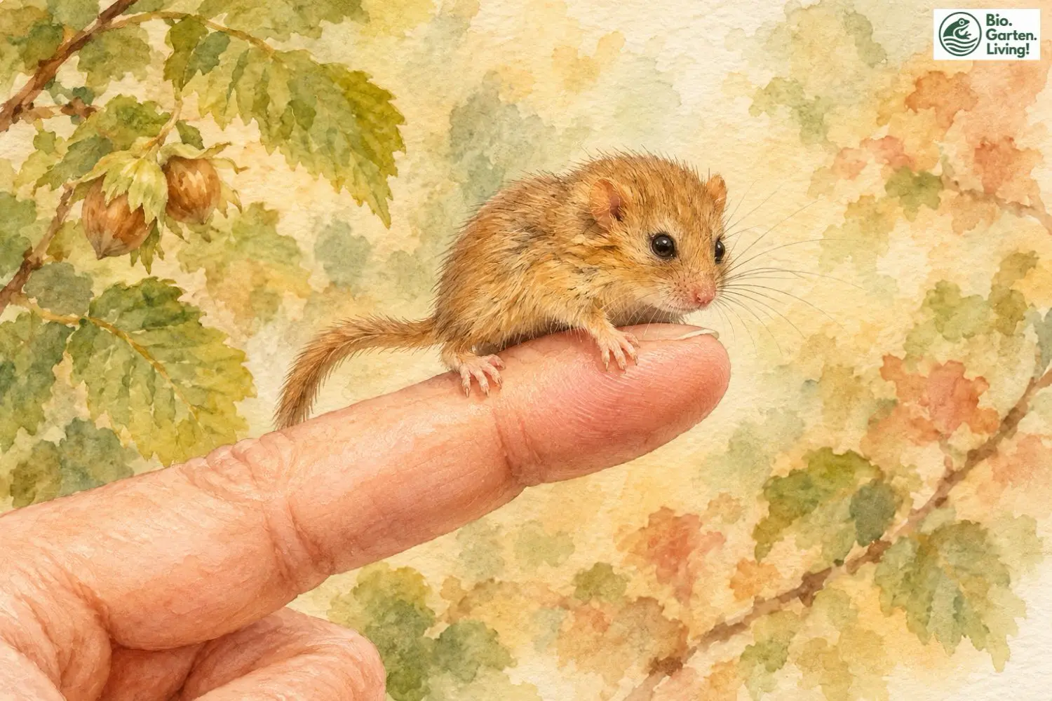 Kleine junge Haselmaus sitzt auf einer menschlichen Fingerspitze