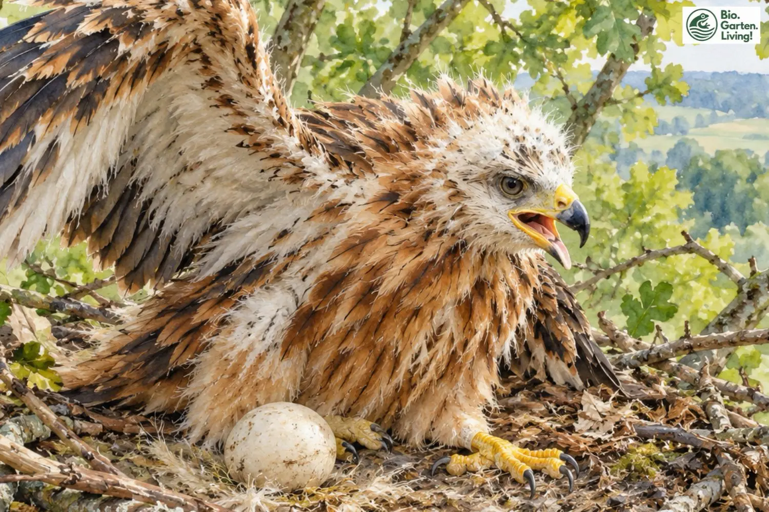 Junger Rotmilan mit angehobenem Flügel und einem Ei im Horst