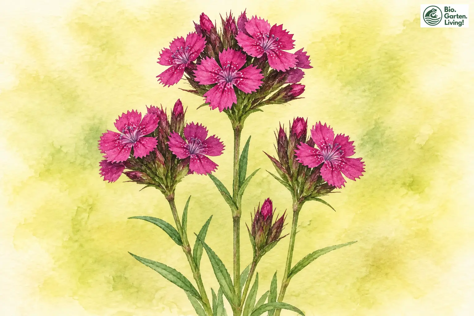 Aquarell der Kartäuser-Nelke mit kräftig pinken Blüten und schmalen Blättern