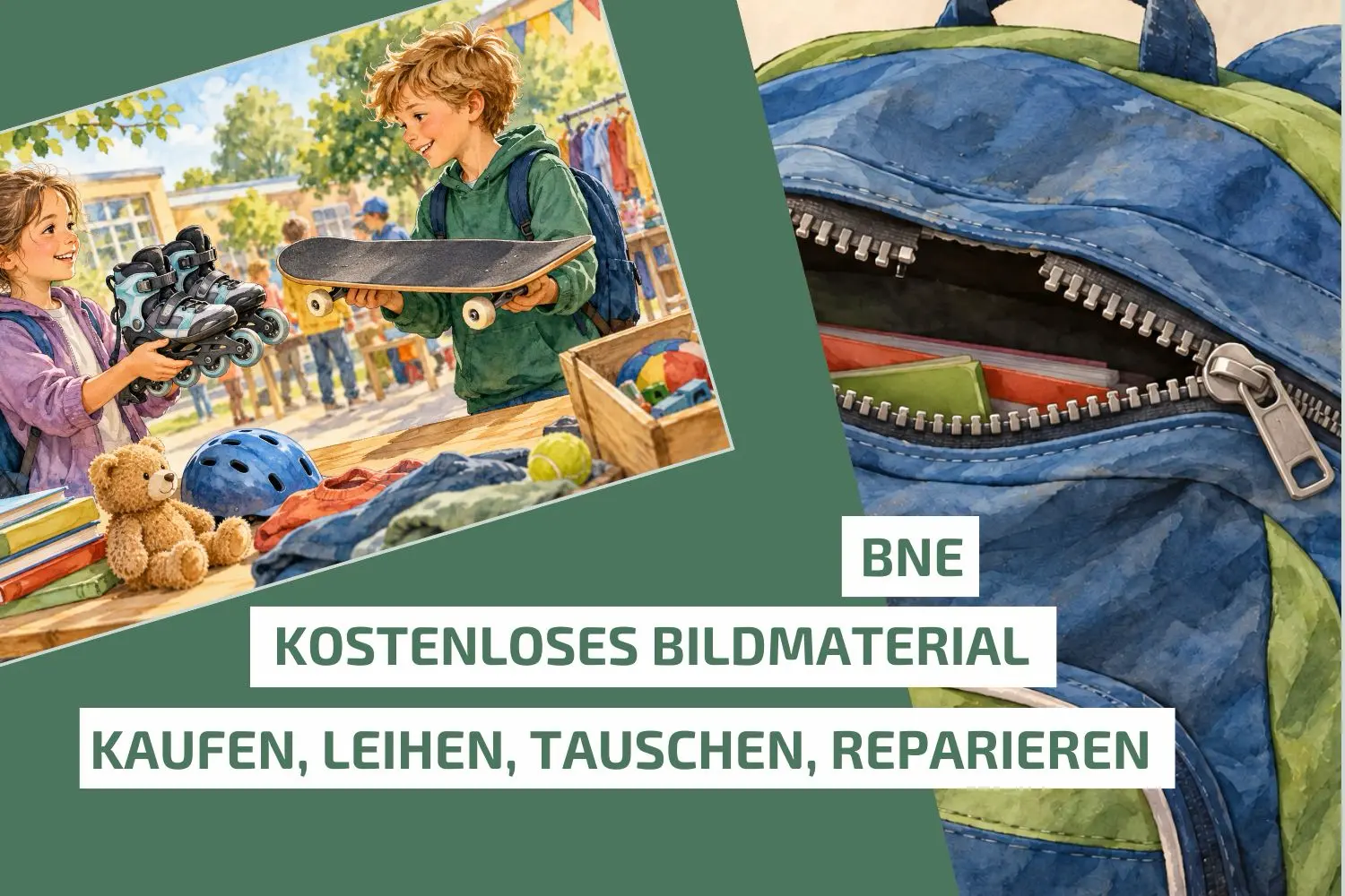 Titelbild zum kostenlosen Bildmaterial Kaufen, leihen, tauschen oder reparieren mit Tauschszene und Rucksack.