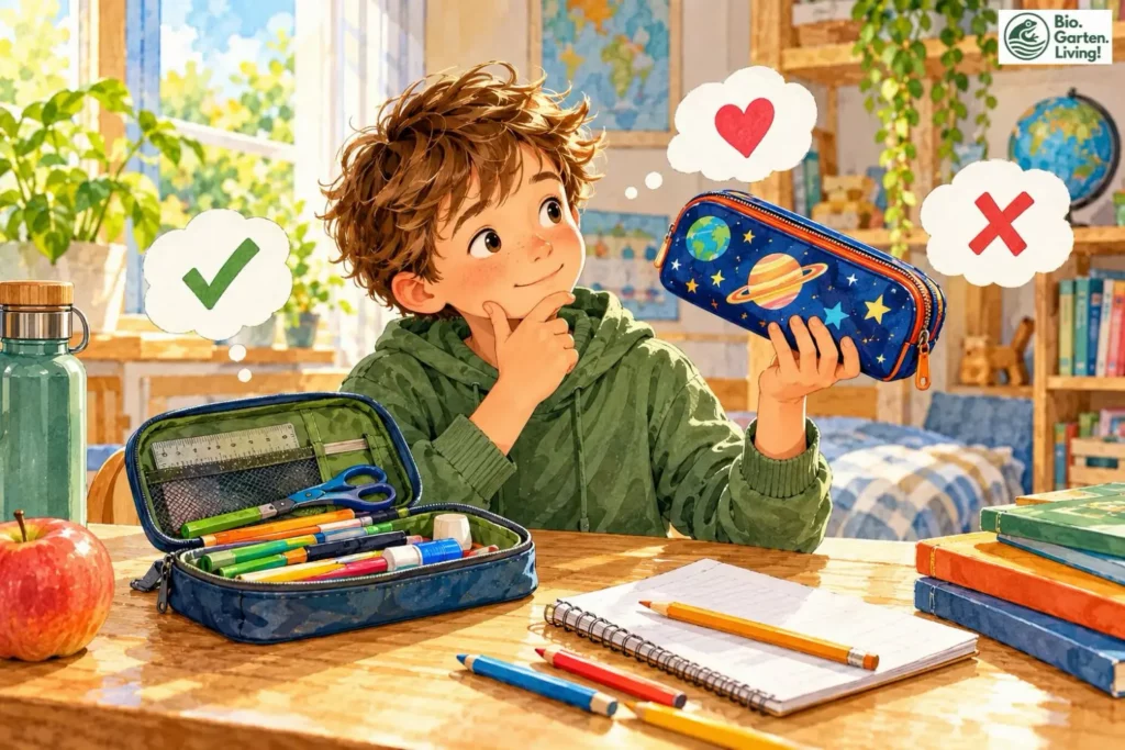 Ein Schulkind überlegt, welches Federmäppchen es wählen möchte, und vergleicht die vorhandenen Stifte und Schulsachen. (Illustration)