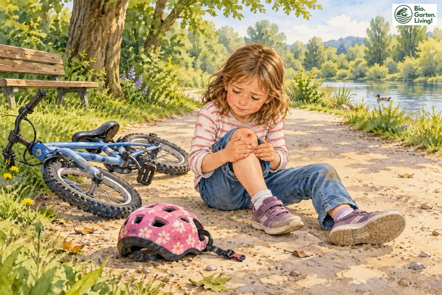 Kind sitzt nach einem Fahrradsturz mit aufgeschürftem Knie auf dem Boden; Fahrrad und Helm liegen daneben.