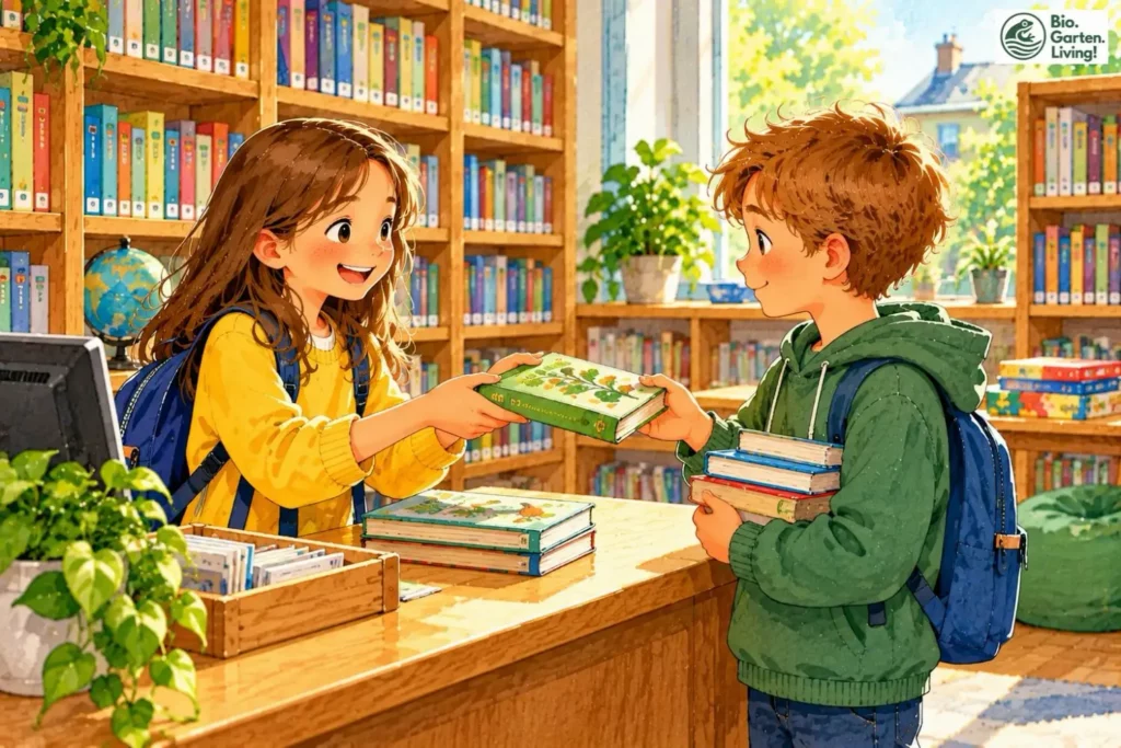Zwei Kinder tauschen Bücher in einer Bibliothek. (Illustration)