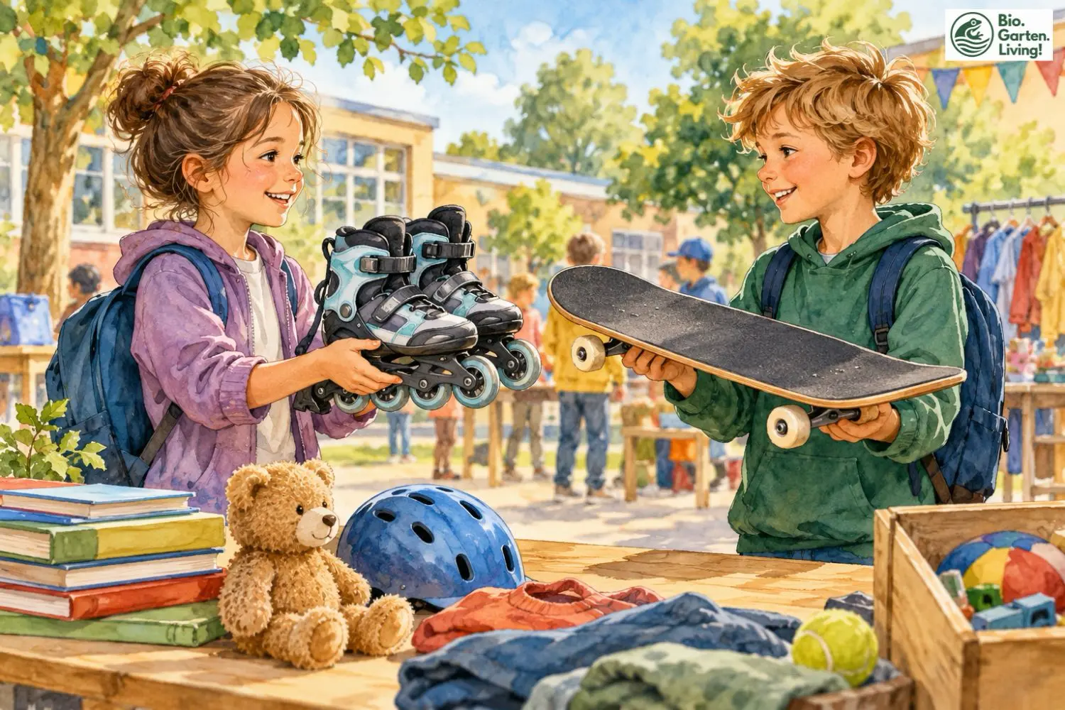 Zwei Kinder tauschen Inline-Skates gegen ein Skateboard auf einem Schulhof-Flohmarkt.