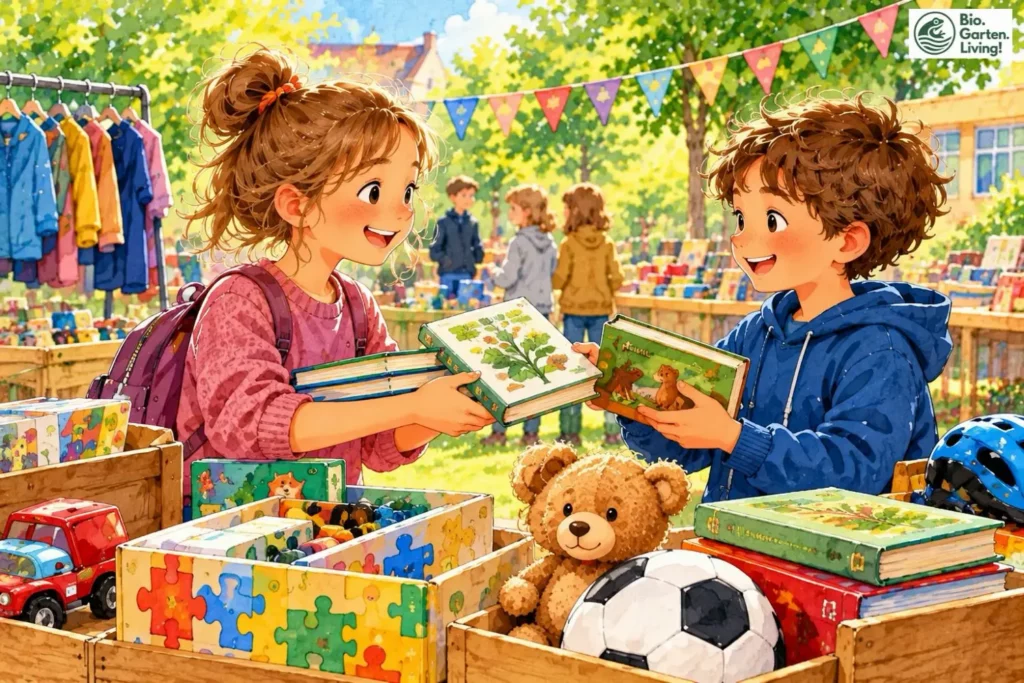 Zwei Kinder tauschen Bücher und betrachten Spielzeug auf einem Flohmarkt. (Illustration)