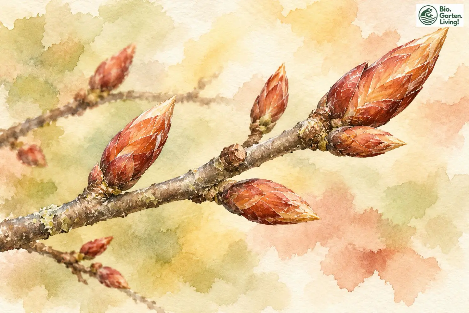 Mehrere rötlich braune Knospen an einem Zweig im Frühjahr