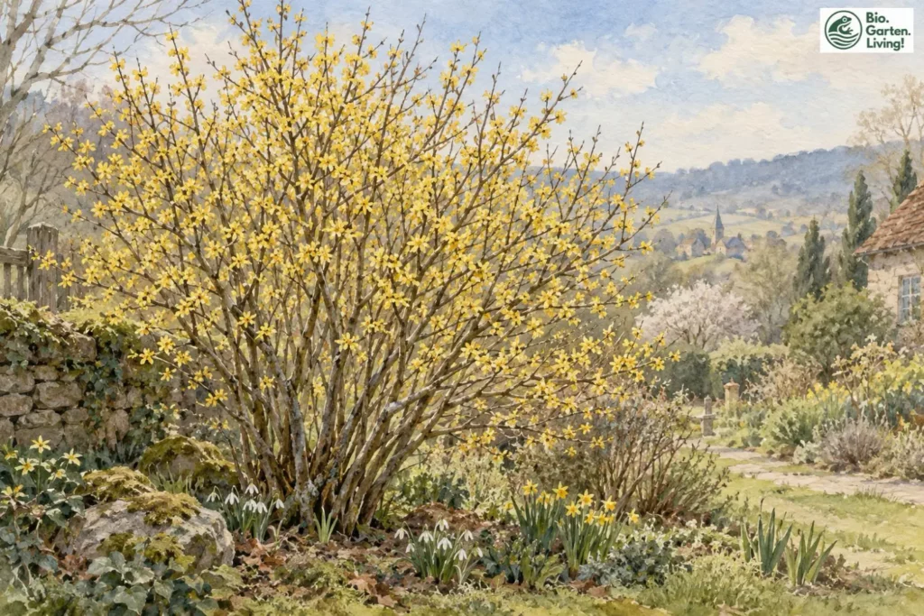 Blühende Kornelkirsche mit gelben Blüten im Frühlingsgarten als Aquarell