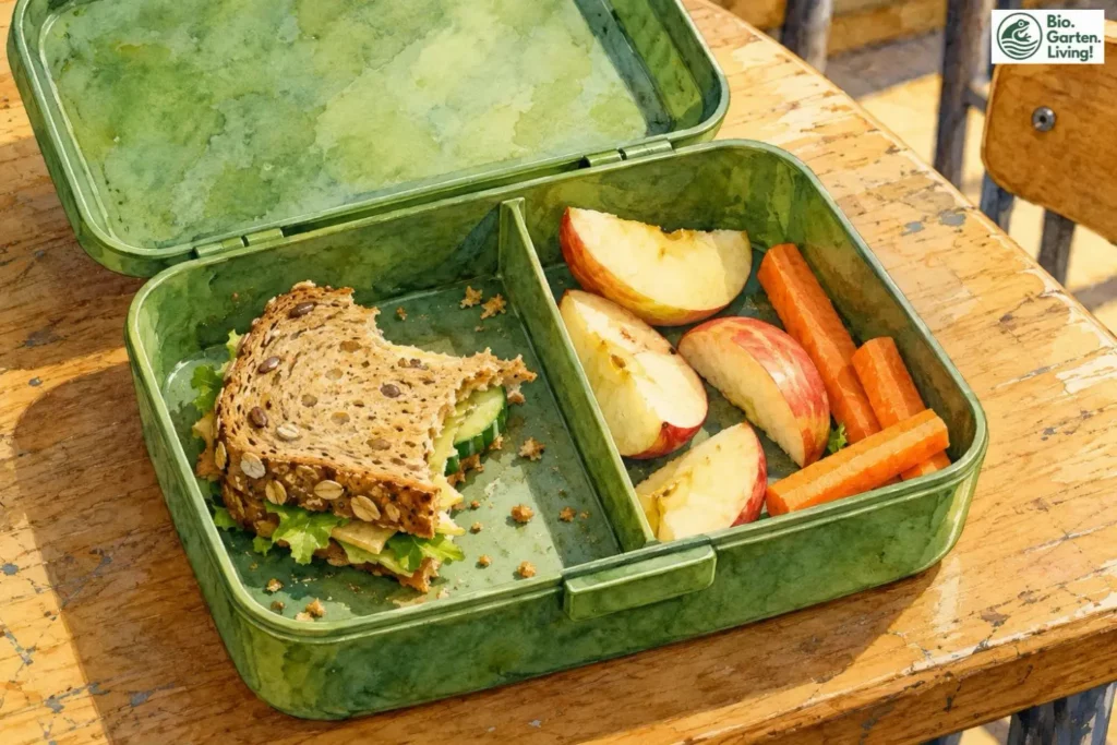 Geöffnete Pausenbox mit angebissenem Brot, Apfelspalten und Möhrenstücken auf einem Tisch.
