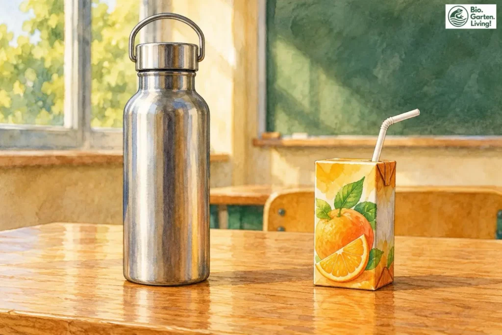 Wiederverwendbare Trinkflasche neben einem Einweg-Getränkekarton mit Strohhalm.