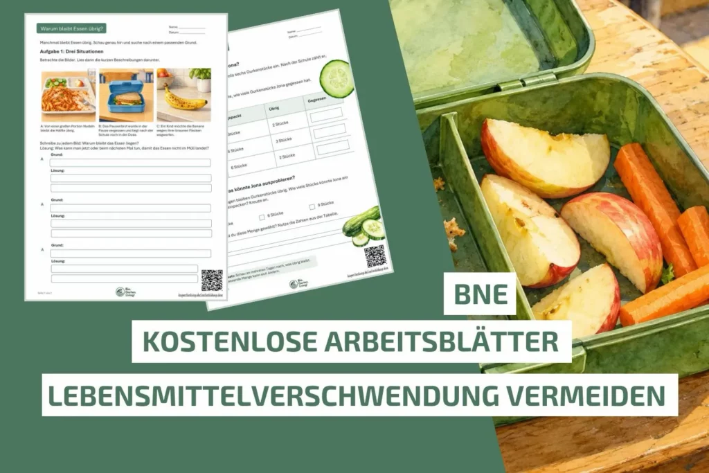Vorschau auf kostenlose Arbeitsblätter zum Thema Lebensmittelverschwendung vermeiden mit einer geöffneten Pausenbox.